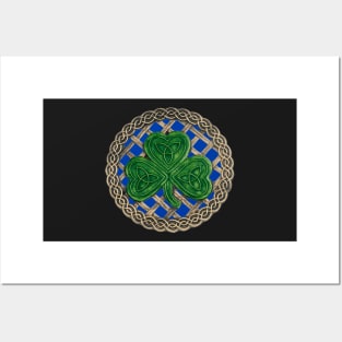 Celtic Knot Shamrock Blue Background Posters and Art